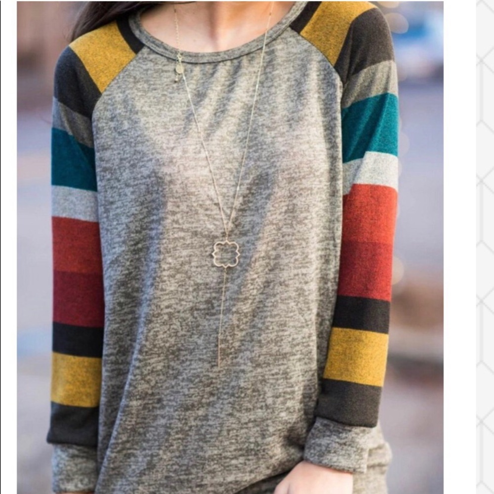 Contrast Raglan Shirt Sleeve Tee Gray Striped Size Small